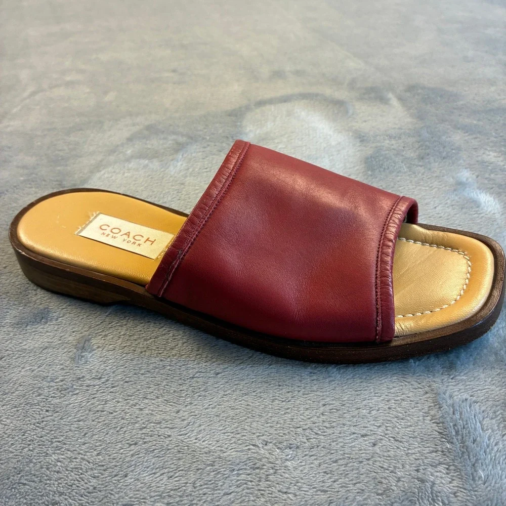 Coach Red Leather Slide Sandals Made in Italy Square Toe Flat Mules Women's 7B